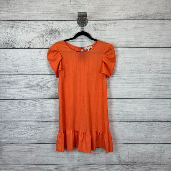 Tattoo Style Women's Orange Textured Puff Sleeve Mini Dress Size Medium - Picture 1 of 9